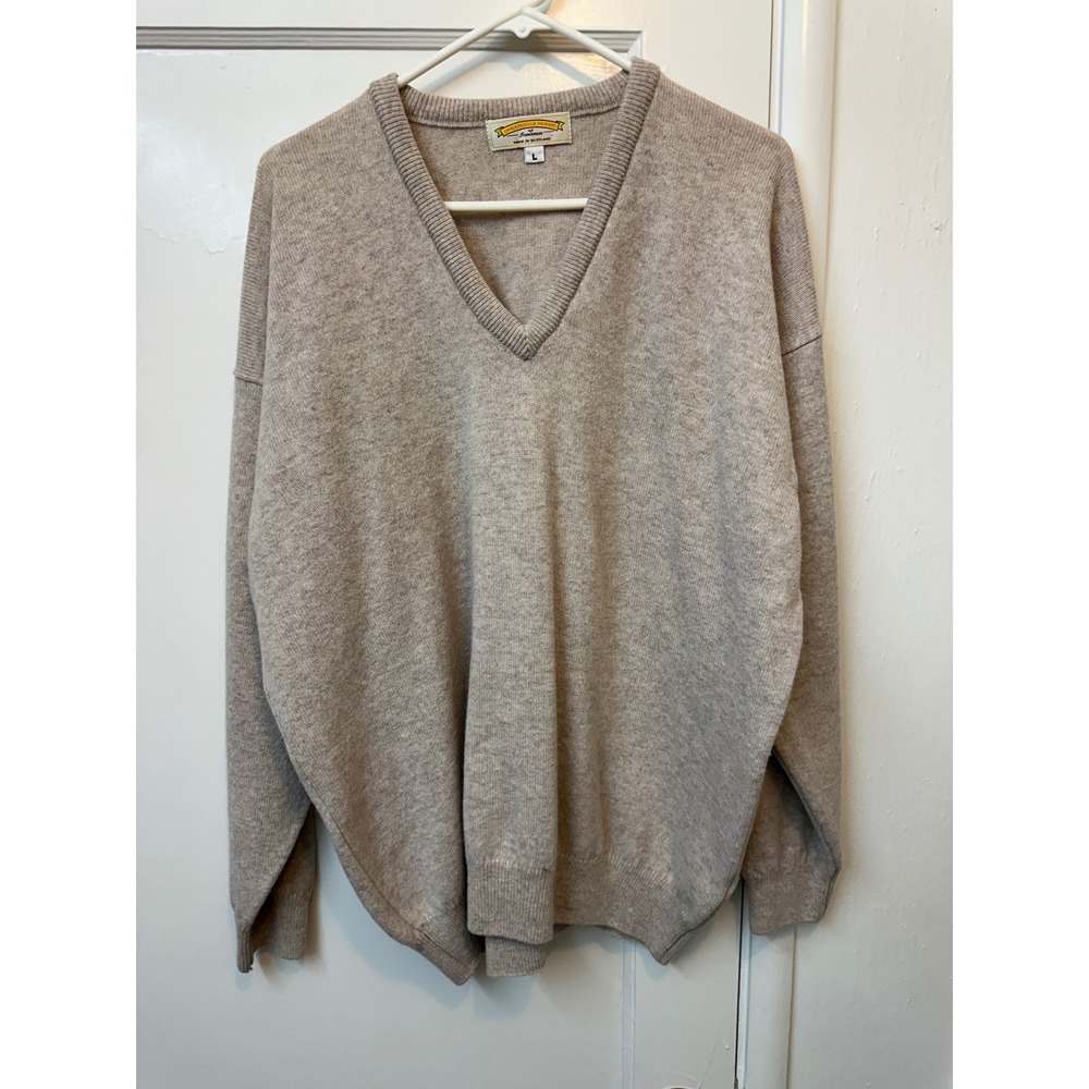 James Pringle Weavers Scotland Mens 100% Lambswool V-Neck Sweater‎ Beige Large